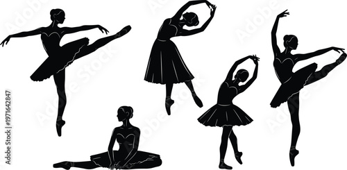 Elegant ballet dancer silhouettes in graceful poses with tutus and pointe shoes, classical dance performance, artistic movement, expressive stage choreography