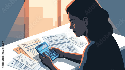 Woman Overwhelmed by Tax Paperwork on Desk Flat Vector