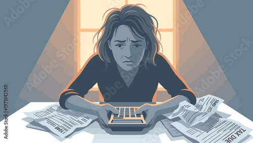 Woman Looks Stressed by Paperwork and Tax Forms on Desk