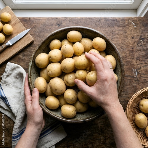 Preparing New Potatoes in a Rustic Kitchen Setting with Wooden Table and Ceramic Bowl