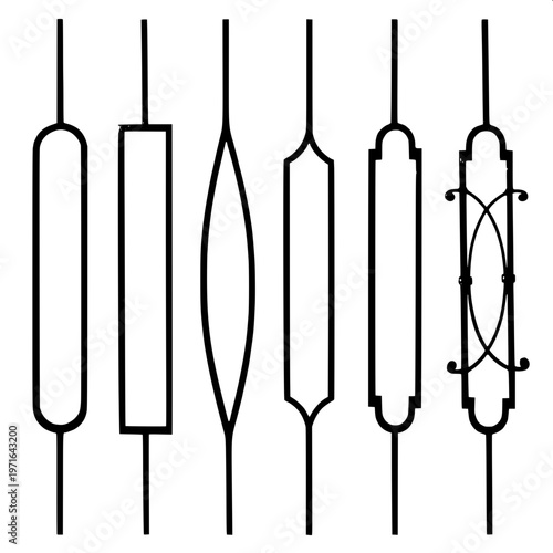 “Ornamental balustrade railing silhouette, black solid shape, symmetrical pillars and spindles, minimal detail, white background, clipart style”