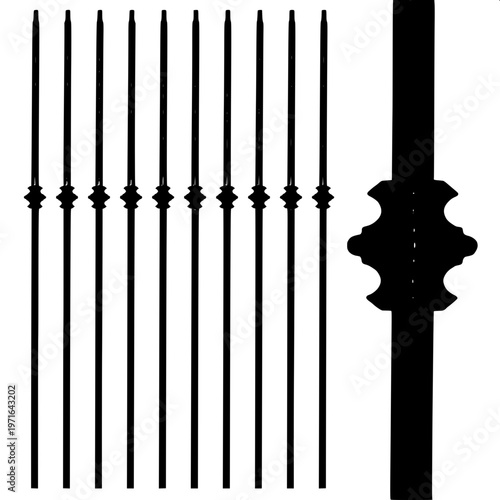 “Ornamental balustrade railing silhouette, black solid shape, symmetrical pillars and spindles, minimal detail, white background, clipart style”
