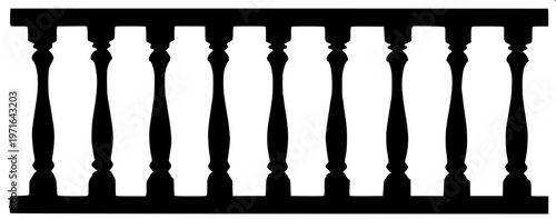 “Ornamental balustrade railing silhouette, black solid shape, symmetrical pillars and spindles, minimal detail, white background, clipart style”