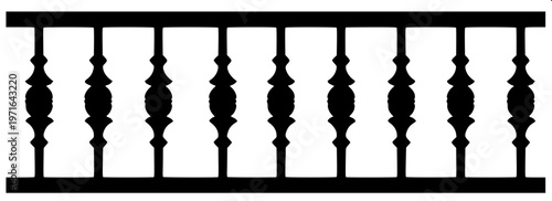 “Ornamental balustrade railing silhouette, black solid shape, symmetrical pillars and spindles, minimal detail, white background, clipart style”