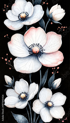 White floral illustration with pink accents on black background