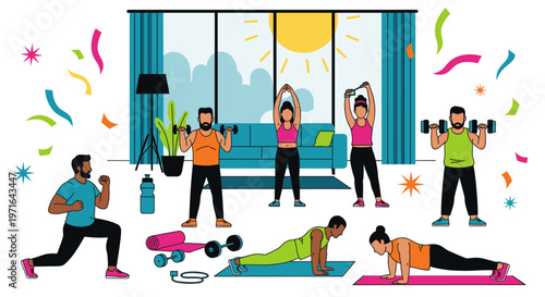 Diverse group of people engaging in various home fitness exercises, celebrating healthy lifestyles and personal well-being amidst festive confetti.