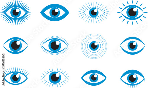 Evil eye symbols vector, blue talisman illustrations, protection luck cultural design, mystical amulet spiritual symbols folklore artwork