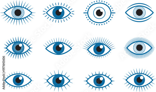 Evil eye symbols vector, blue talisman illustrations, protection luck cultural design, mystical amulet spiritual symbols folklore artwork