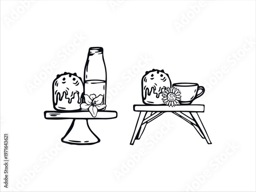 Hand-Drawn Vector Illustration Set – Picnic Table with Easter Cakes, Milk, Flowers, and Cup