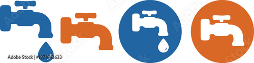 water faucet tap icon set – flat vector plumbing symbols in orange and blue circle styles for water utility and home improvement design
