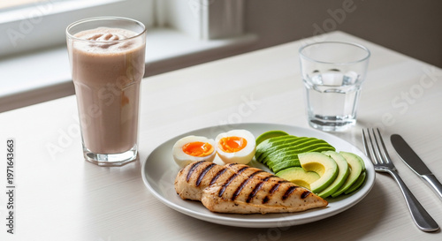 Nutritious High Protein Meal: Grilled Chicken Breast, Sliced Avocado, Soft Boiled Eggs, and a Protein Shake
