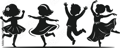 Silhouette of joyful children dancing, playful kids illustration, childhood happiness, energetic movement, black silhouettes, vector art, carefree youth activity