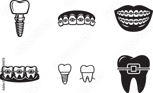 Dental implant and orthodontic teeth icon set with braces, care symbols and dental clinic concepts.