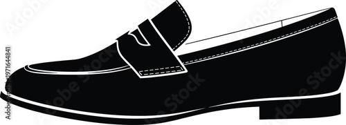 A black and white illustration depicts a single leather loafer shoe showcasing its classic design and polished appearance high quality professional detailed modern