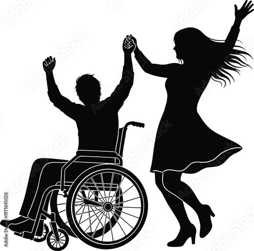 A silhouette depicts a joyful moment of a couple dancing with one individual using a wheelchair symbolizing inclusivity and celebration high quality professional