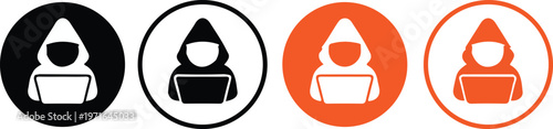 hacker icon set – flat vector hooded cybercriminal with laptop in black and orange circle styles for cybersecurity and data protection design
