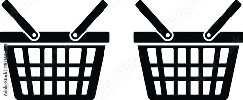 This graphic showcases two identical black silhouette icons of woven shopping baskets with arched handles isolated on white high quality professional detailed modern