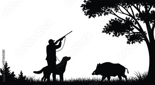A dramatic silhouette depicts a hunter aiming a rifle toward a wild boar accompanied by a hunting dog in a field high quality