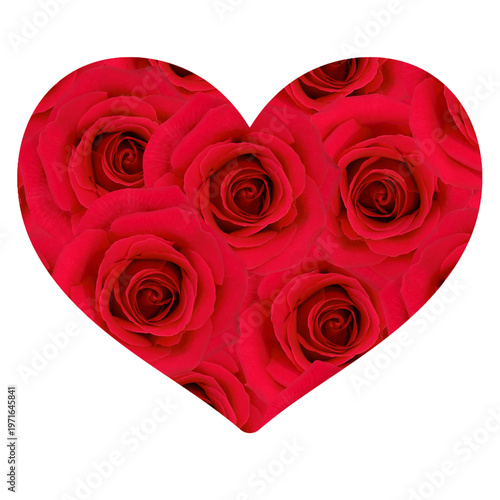 Heart-shaped composition of vivid red roses on a white background conveying r...