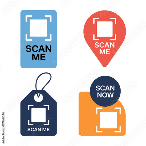 Colorful scan me icons with qr code symbols on white background