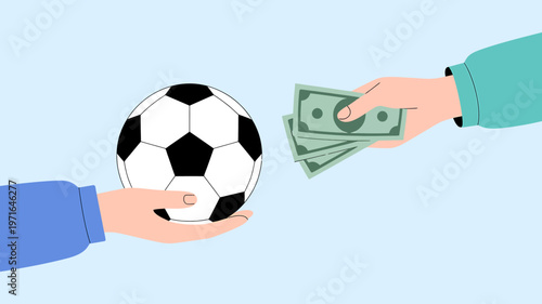 Hands exchanging soccer ball and dollar banknotes on light blue background