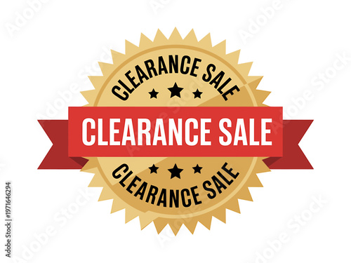 Clearance sale stamp with red banner and gold seal on white background