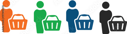 shopper with shopping basket icon set – flat vector customer figures in orange, green, blue and black for retail and ecommerce design