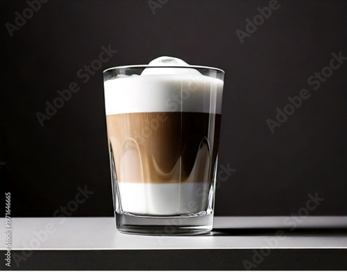 Layered Coffee Drink with Creamy Foam in a Clear Glass.