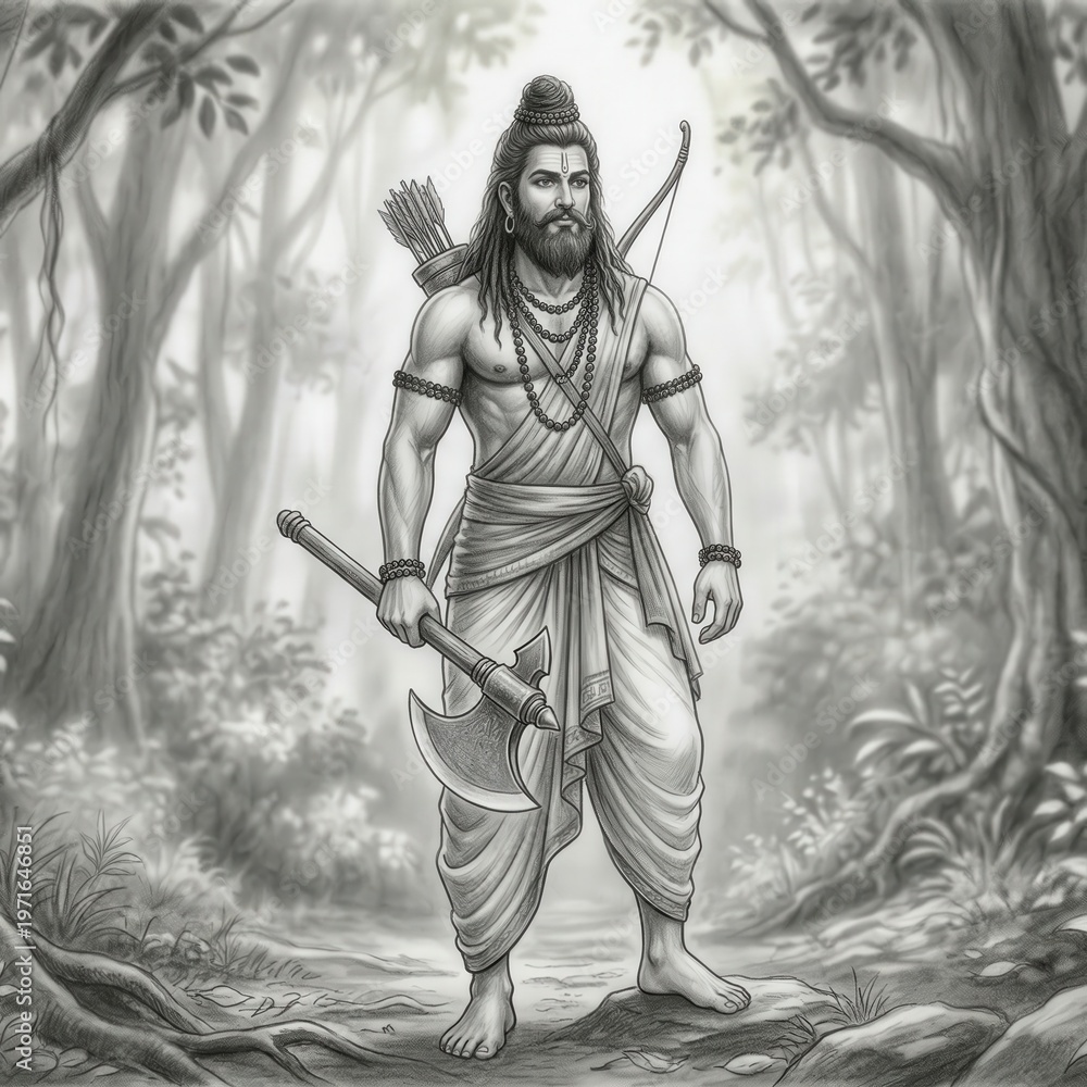 Fototapeta premium Parashurama Forest Scene Pencil Art Axe Spiritual Concept