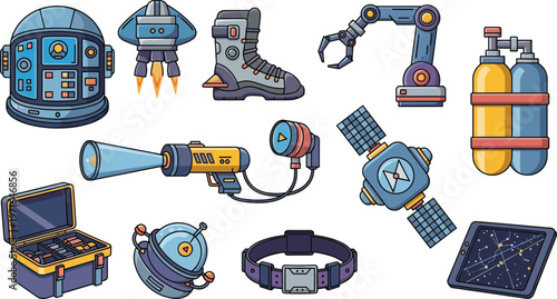 Space Technology Flat Icons Set with Satellite Robot Arm Astronaut Gear and Sci Fi Elements