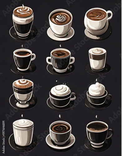 Collection of various coffee drinks in cups on saucers.