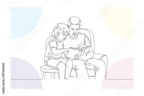 Gentle moment of a father reading to his young son, continuous line drawing, minimalist style, heartwarming family connection, tender illustration.