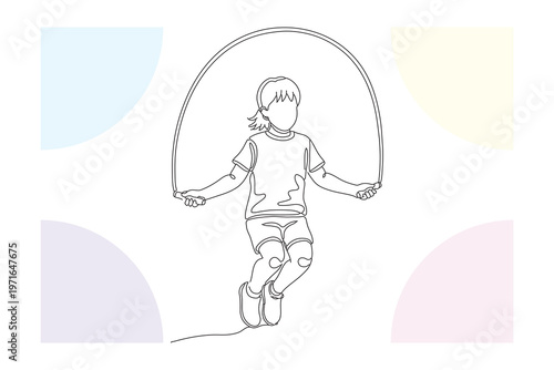 Continuous Line Drawing of a Child Joyfully Jumping Rope, Minimalist Illustration for Kids Activities and Playful Designs