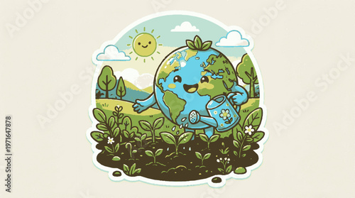 Green earth globe with smiling face and hands holding plants in a lush eco friendly environment with trees clouds and sunshine