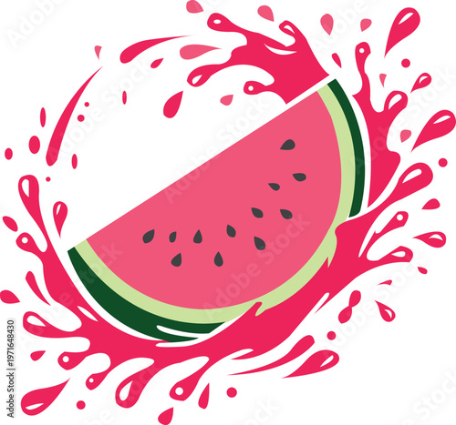  Dynamic watermelon slice silhouette with juice splash droplets around it