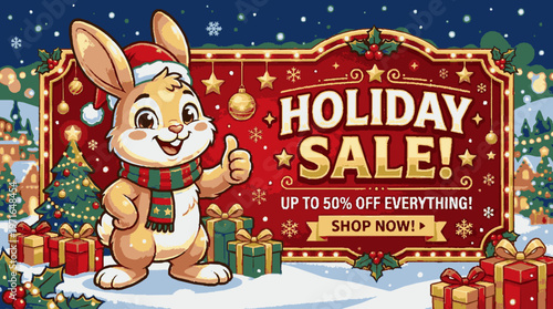 Cheerful animated rabbit wearing a red santa hat and green scarf holds a thumbs up pose in a festive winter scene with snowy background christmas decorations and a vibrant holiday