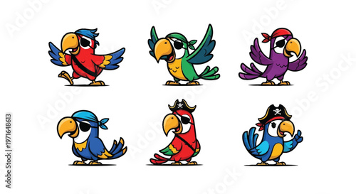 Cartoon parrot pirates set collection vector illustration