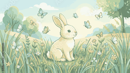 Cute beige rabbit sitting calmly in a lush green meadow with butterflies flying around on a sunny day with soft pastel tones