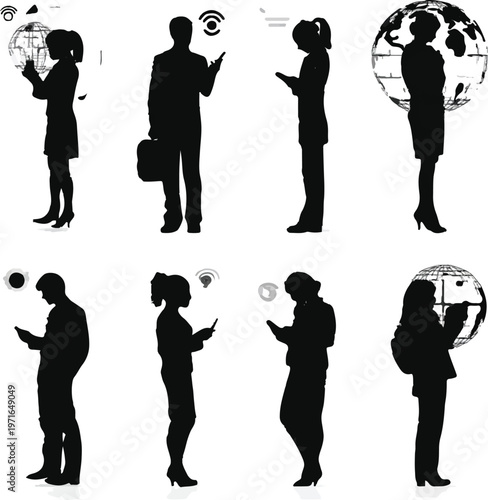 Black silhouettes of diverse professional men and women using various digital mobile devices and interacting with global network icons on a simple plain white background