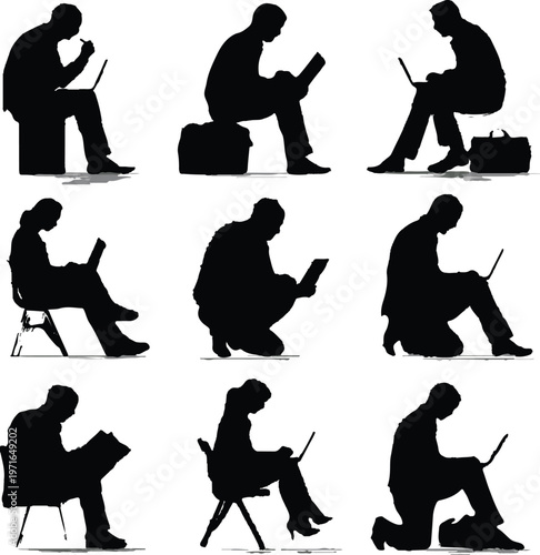 Journalist writing article silhouettes
