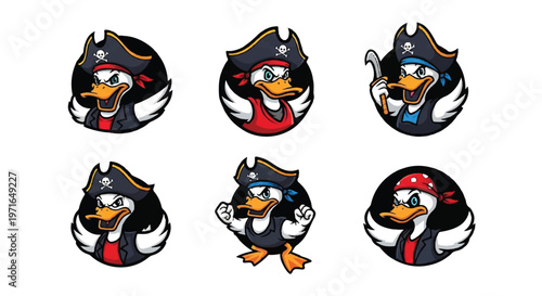 Cartoon pirate duck characters in various poses with different outfits