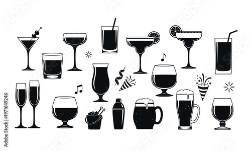 Set of black silhouette alcohol cocktails and bar drinks icons isolated on white background
