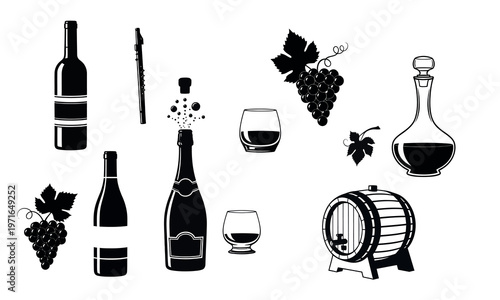 Winery and vineyard vector collection with wine bottles, grapes, glasses, and barrel