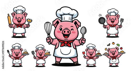 Cartoon pig chef characters cooking and preparing food in various poses