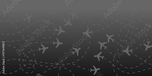 Multiple abstract grey airplanes fly along dashed flight paths on a dark gradient background, illustrating a complex global travel, transportation, and logistics network.