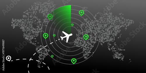 A digital radar screen displays a white airplane icon on a dotted world map, showing its flight path and multiple green location pins for global air travel logistics.