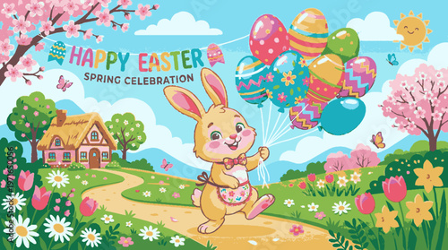 Cute bunny holding colorful easter balloons strolls through vibrant spring landscape with blossoming cherry trees and a quaint house in the countryside