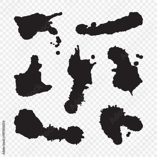 Vector black ink brush blots, grunge design element, mud banner, watercolor design, dirty texture. Isolated brush strokes on transparent background