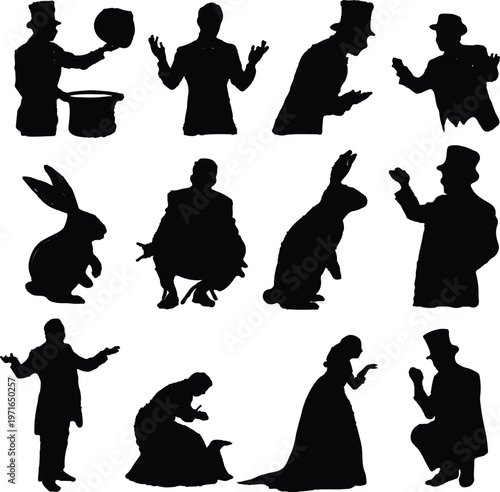 Collection of black silhouettes featuring various professional magicians performing classic stage tricks with rabbits and top hats while wearing elegant formal suits for theatrical shows
