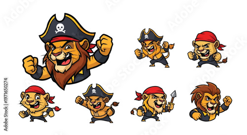 Cartoon lion characters in pirate attire set